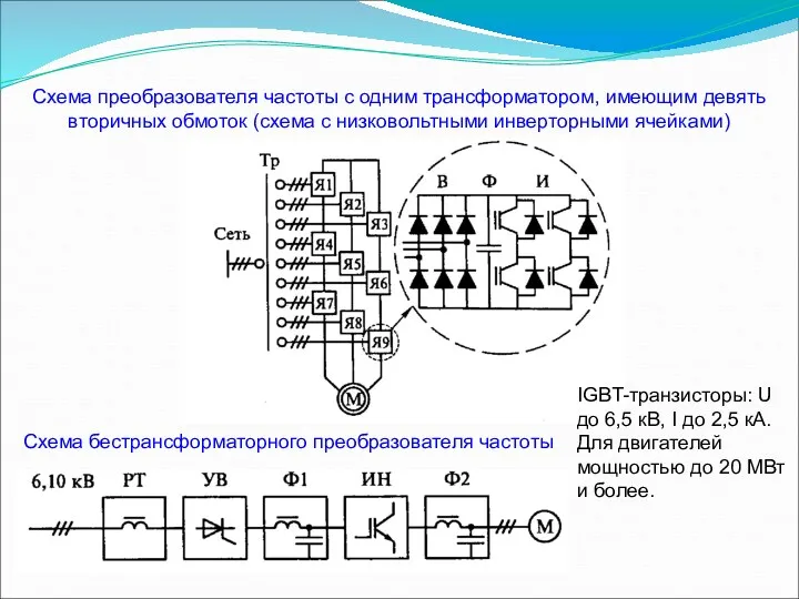 Схема преобразователя частоты с одним трансформатором, имеющим девять вторичных обмоток