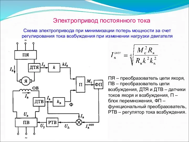 Электропривод постоянного тока Схема электропривода при минимизации потерь мощности за