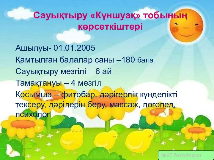 Сауықтыру «Күншуақ» тобының көрсеткіштері №97 балабақша Ашылуы- 01.01.2005 Қамтылған балалар