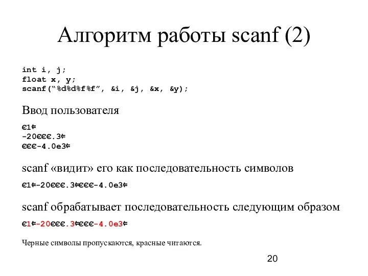 Алгоритм работы scanf (2) int i, j; float x, y;