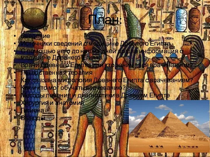 План: Введение Источники сведений о медицине Древнего Египта С помощью чего до наших