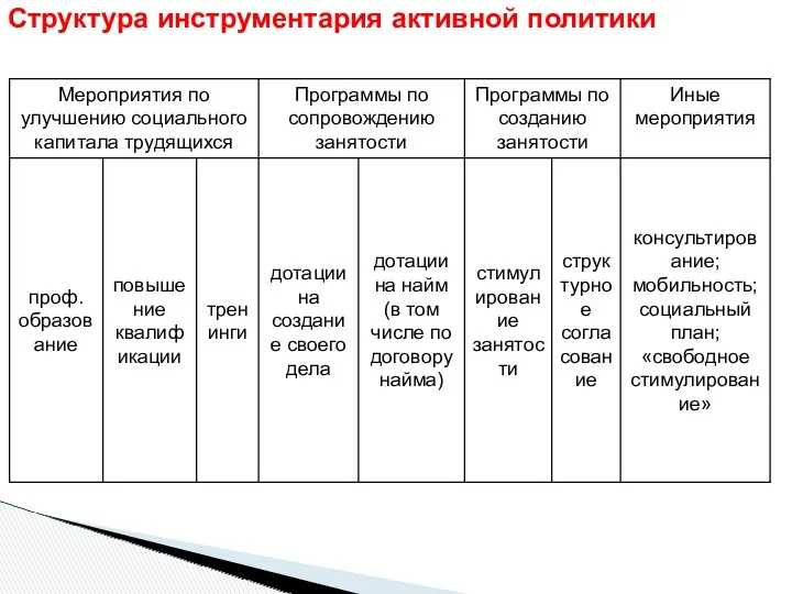 Структура инструментария активной политики