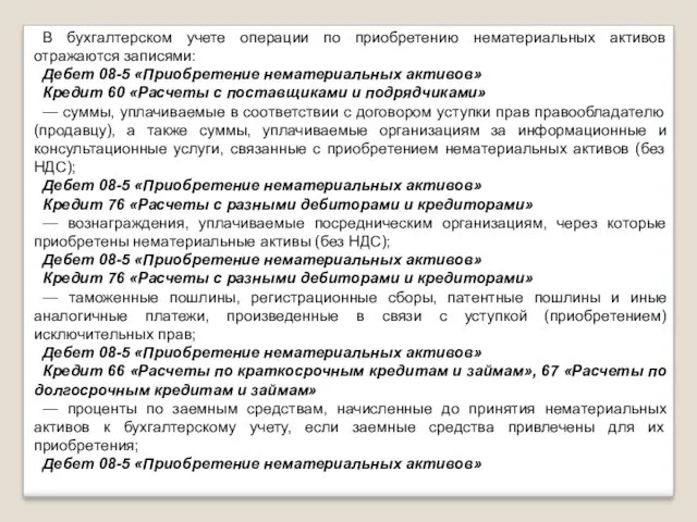 В бухгалтерском учете операции по приобретению нематериальных активов отражаются записями: