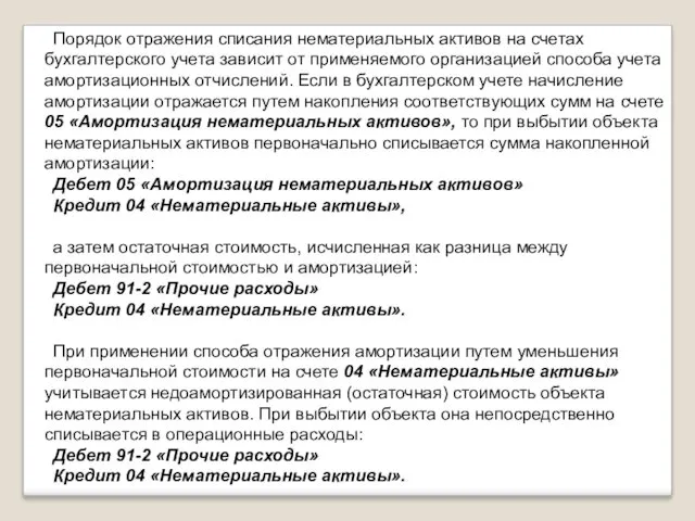 Порядок отражения списания нематериальных активов на счетах бухгалтерского учета зависит