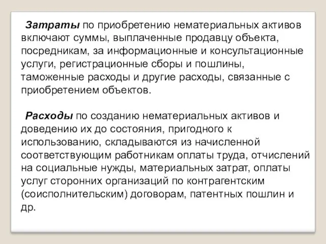 Затраты по приобретению нематериальных активов включают суммы, выплаченные продавцу объекта,