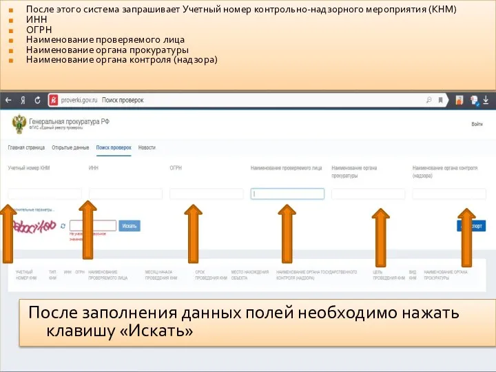 После этого система запрашивает Учетный номер контрольно-надзорного мероприятия (КНМ) ИНН ОГРН Наименование проверяемого