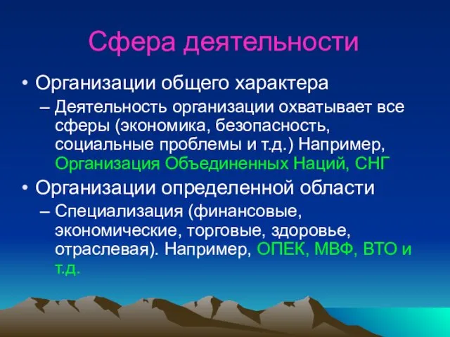 Сфера деятельности Организации общего характера Деятельность организации охватывает все сферы