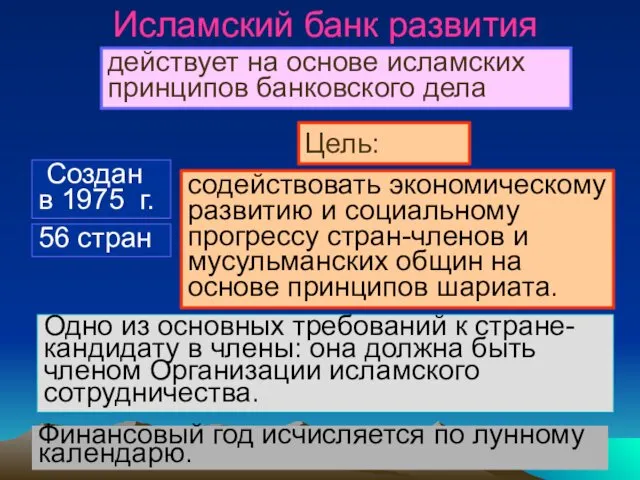 Исламский банк развития действует на основе исламских принципов банковского дела