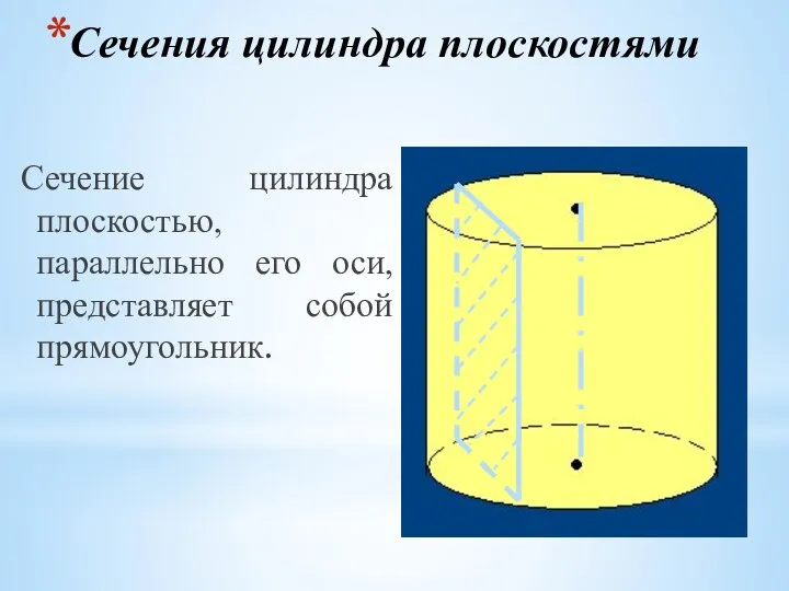 Сечения цилиндра плоскостями Сечение цилиндра плоскостью, параллельно его оси, представляет собой прямоугольник.