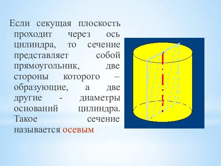 Если секущая плоскость проходит через ось цилиндра, то сечение представляет