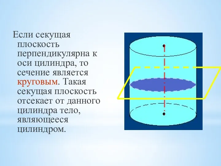 Если секущая плоскость перпендикулярна к оси цилиндра, то сечение является