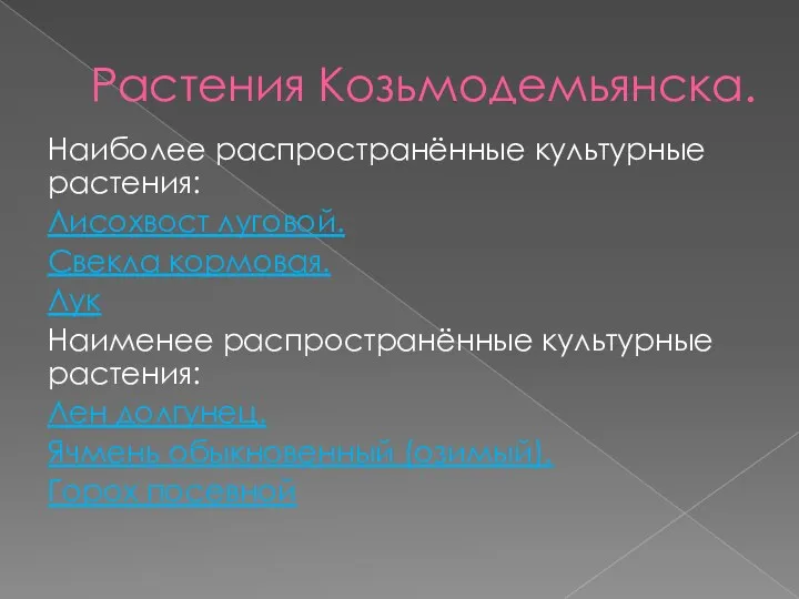 Растения Козьмодемьянска. Наиболее распространённые культурные растения: Лисохвост луговой. Свекла кормовая. Лук Наименее распространённые