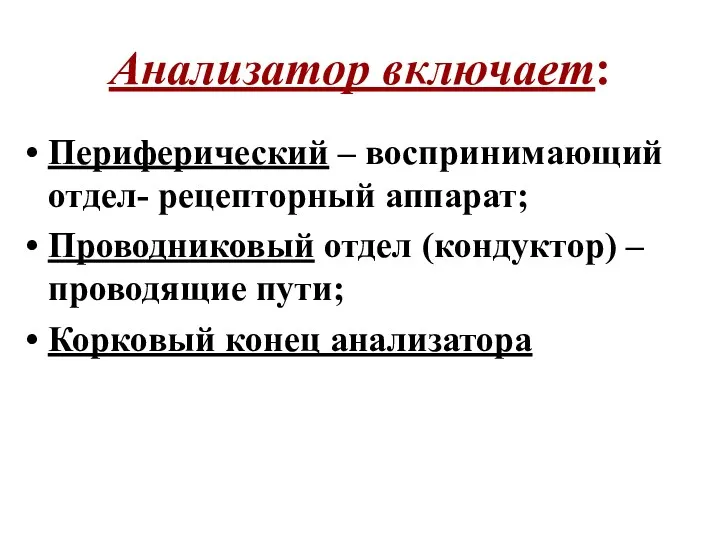 Анализатор включает: Периферический – воспринимающий отдел- рецепторный аппарат; Проводниковый отдел