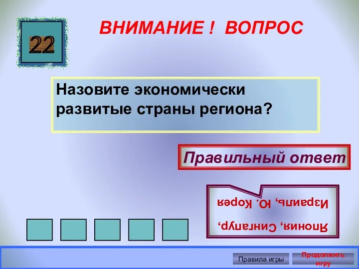 ВНИМАНИЕ ! ВОПРОС Назовите экономически развитые страны региона? 22 Правильный