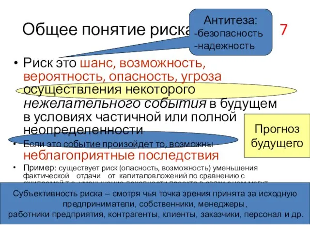 Общее понятие риска 7 Риск это шанс, возможность, вероятность, опасность,