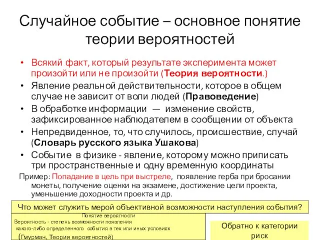 Случайное событие – основное понятие теории вероятностей Всякий факт, который