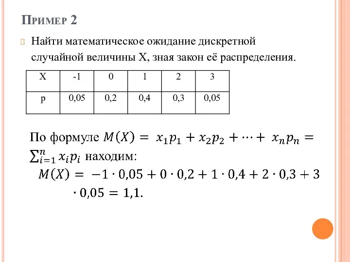 Пример 2 Найти математическое ожидание дискретной случайной величины Х, зная закон её распределения.