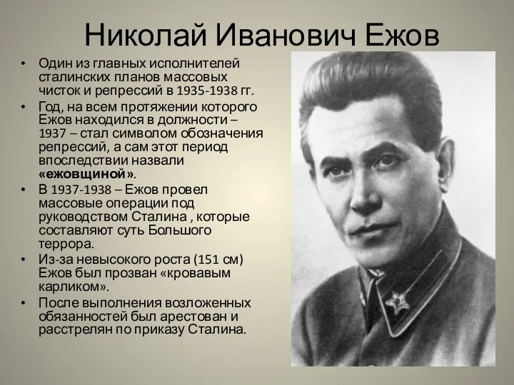 Николай Иванович Ежов Один из главных исполнителей сталинских планов массовых