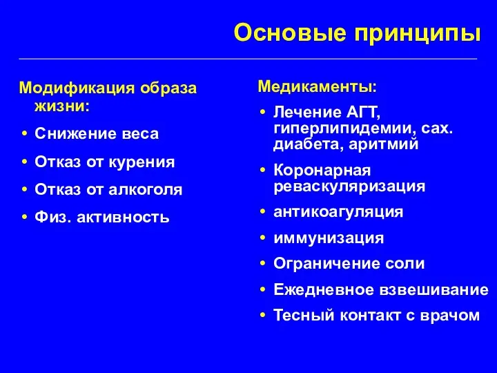 Основые принципы Модификация образа жизни: Снижение веса Отказ от курения