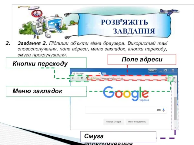 РОЗВ’ЯЖІТЬ ЗАВДАННЯ Завдання 2. Підпиши об'єкти вікна браузера. Використай такі