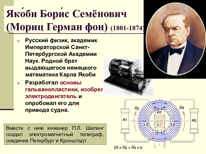 Яко́би Бори́с Семёнович (Мориц Герман фон) (1801-1874) Русский физик, академик Императорской Санкт-Петербургской Академии