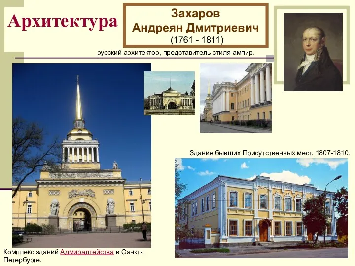 Архитектура Захаров Андреян Дмитриевич (1761 - 1811) русский архитектор, представитель стиля ампир. Здание