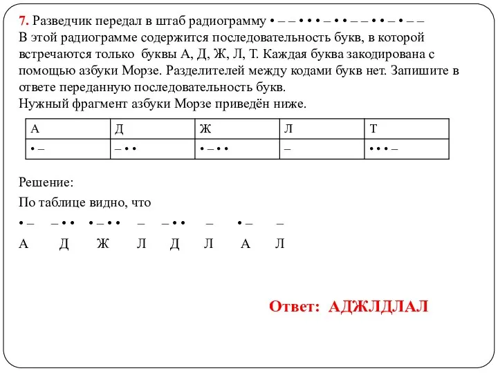 7. Разведчик передал в штаб радиограмму • – – •