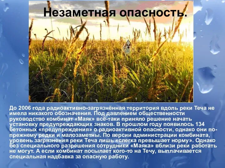 Незаметная опасность. До 2006 года радиоактивно-загрязнённая территория вдоль реки Теча