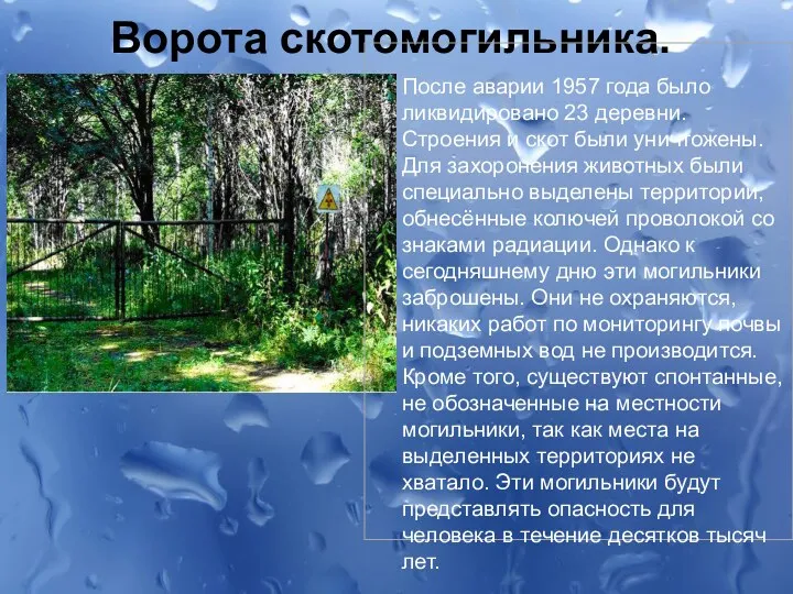 Ворота скотомогильника. После аварии 1957 года было ликвидировано 23 деревни.