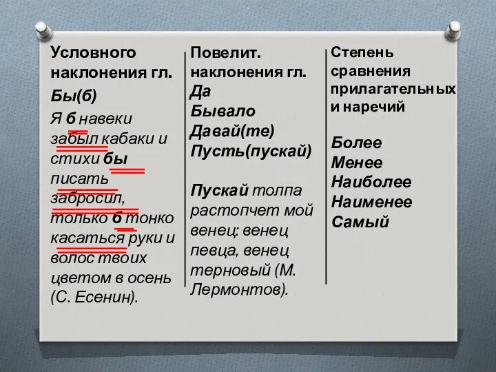 Условного наклонения гл. Бы(б) Я б навеки забыл кабаки и