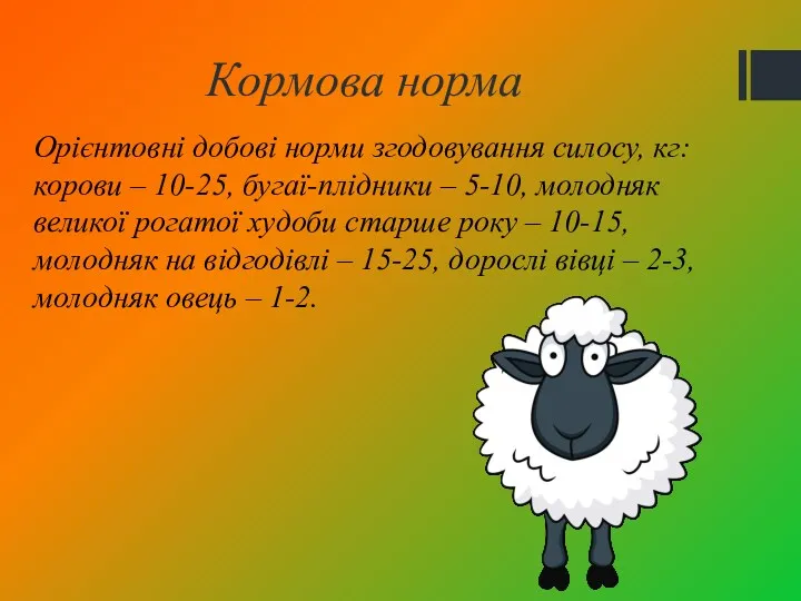 Кормова норма Орієнтовні добові норми згодовування силосу, кг: корови – 10-25, бугаї-плідники –