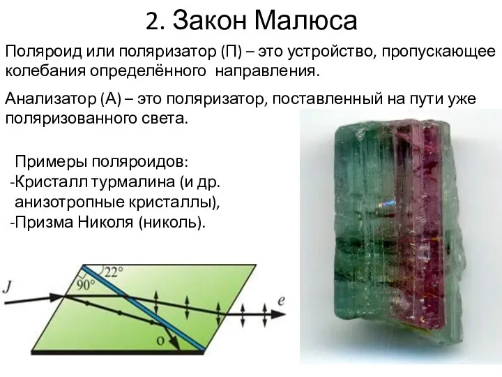 2. Закон Малюса Поляроид или поляризатор (П) – это устройство, пропускающее колебания определённого