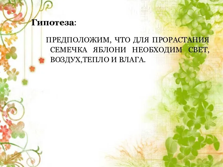 Гипотеза: ПРЕДПОЛОЖИМ, ЧТО ДЛЯ ПРОРАСТАНИЯ СЕМЕЧКА ЯБЛОНИ НЕОБХОДИМ СВЕТ, ВОЗДУХ,ТЕПЛО И ВЛАГА.