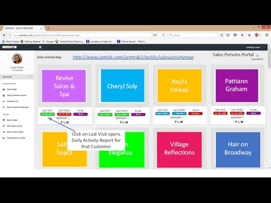 Sales Persons Portal Salon Supra Click on Last Visit opens Daily Activity Report
