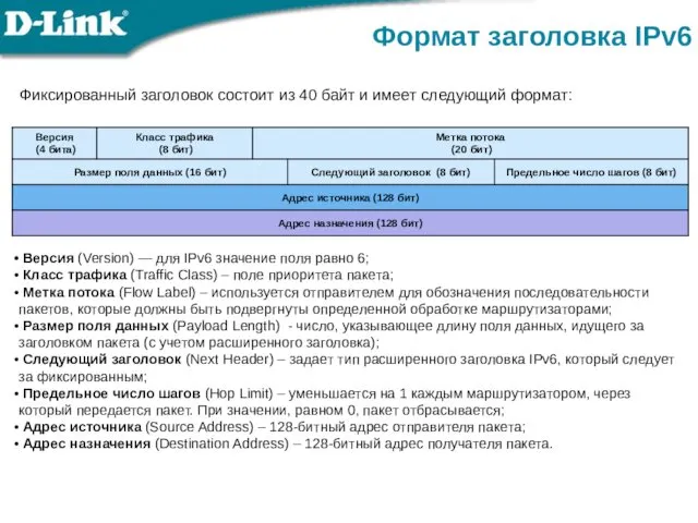 Фиксированный заголовок состоит из 40 байт и имеет следующий формат: