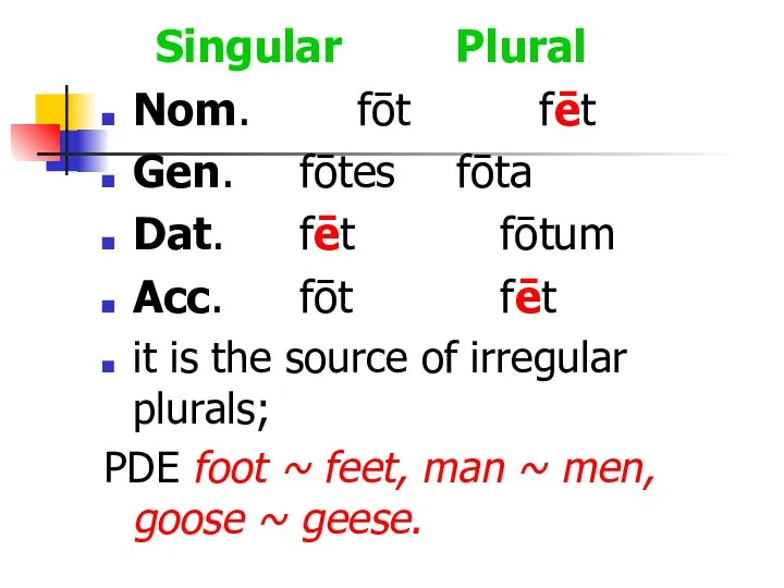 Singular Plural Nom. fōt fēt Gen. fōtes fōta Dat. fēt