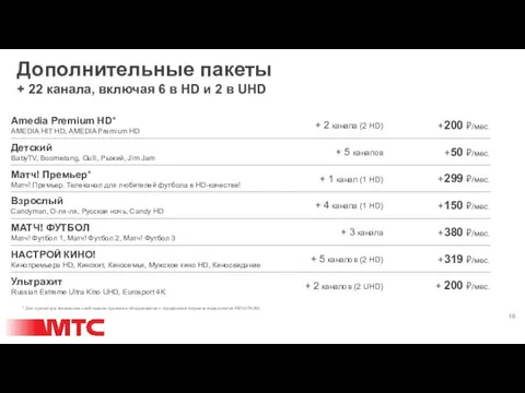 Дополнительные пакеты + 22 канала, включая 6 в HD и