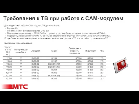 Требования к ТВ при работе с САМ-модулем Для корректной работы