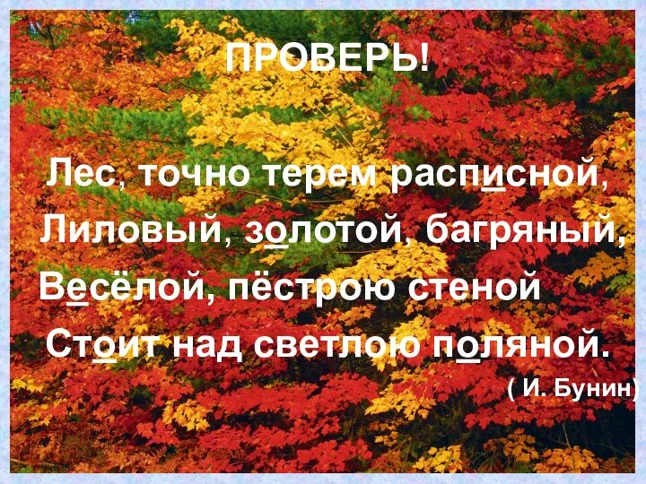 ПРОВЕРЬ! Лес, точно терем расписной, Лиловый, золотой, багряный, Весёлой, пёстрою