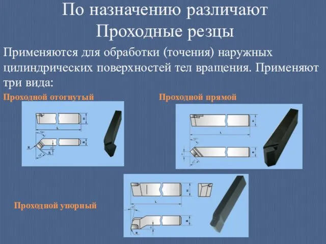 По назначению различают Проходные резцы Применяются для обработки (точения) наружных