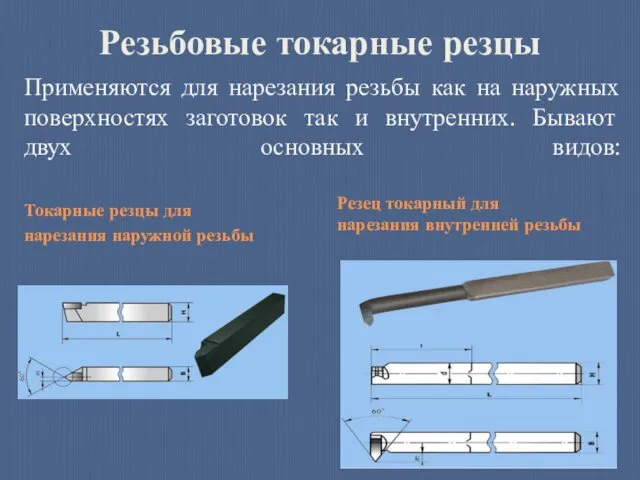 Резьбовые токарные резцы Применяются для нарезания резьбы как на наружных