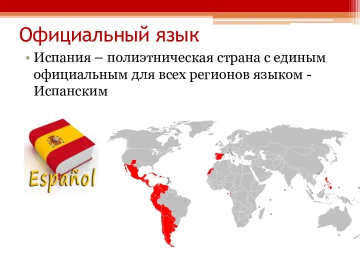 Официальный язык Испания – полиэтническая страна с единым официальным для всех регионов языком - Испанским