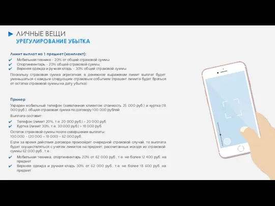 ЛИЧНЫЕ ВЕЩИ УРЕГУЛИРОВАНИЕ УБЫТКА Лимит выплат на 1 предмет (комплект): Мобильная техника -