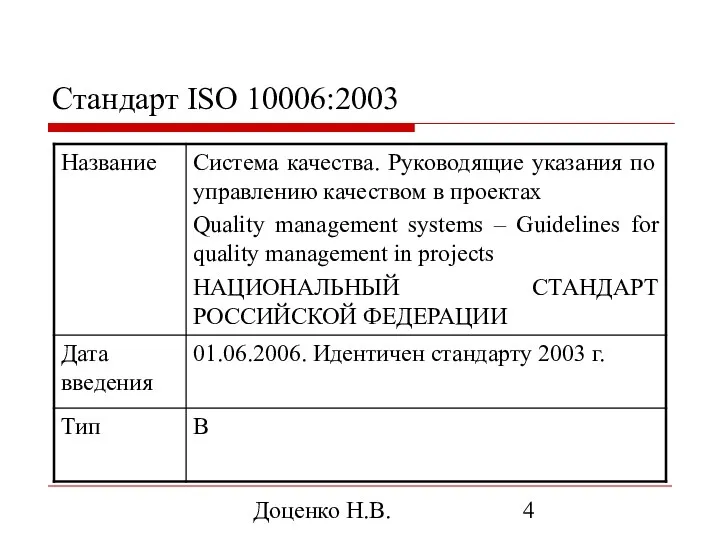 Доценко Н.В. Стандарт ISO 10006:2003