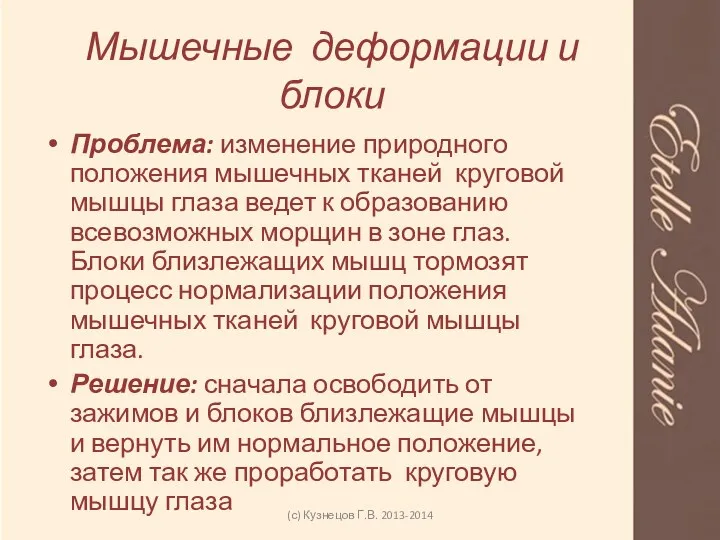 Мышечные деформации и блоки Проблема: изменение природного положения мышечных тканей круговой мышцы глаза