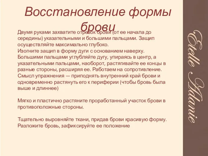 Восстановление формы брови Двумя руками захватите отрезок брови (от ее начала до середины)