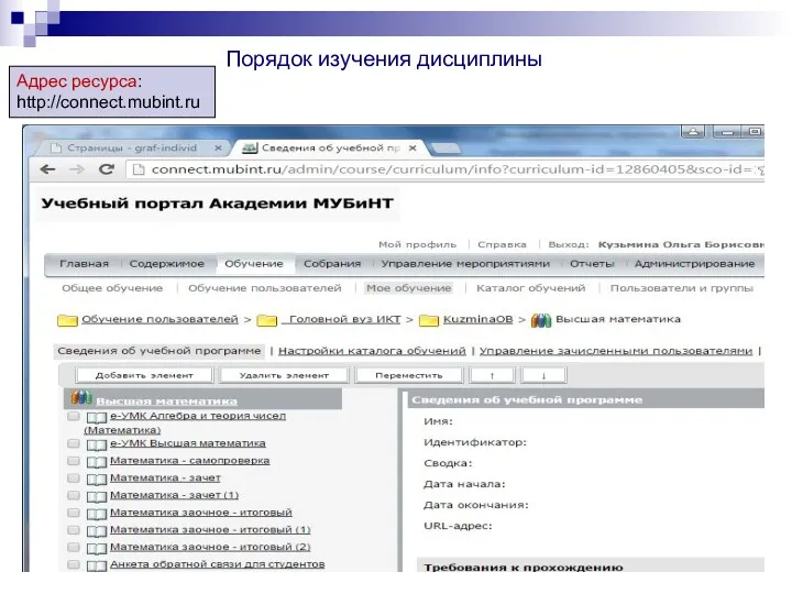Порядок изучения дисциплины Адрес ресурса: http://connect.mubint.ru