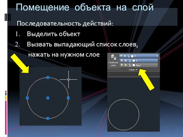 Последовательность действий: Выделить объект Вызвать выпадающий список слоев, нажать на нужном слое Помещение объекта на слой