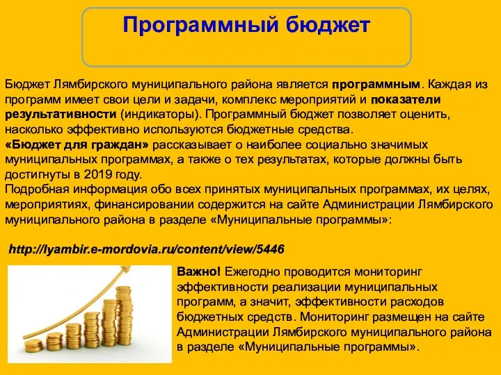 Программный бюджет Бюджет Лямбирского муниципального района является программным. Каждая из