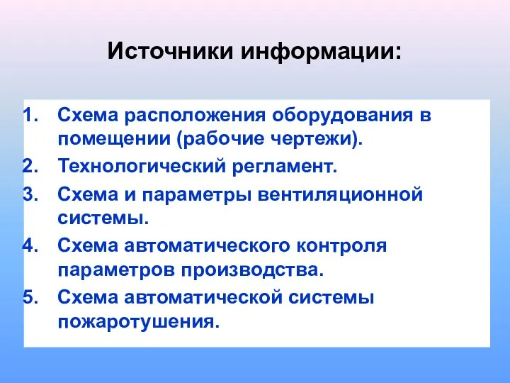 Источники информации: Схема расположения оборудования в помещении (рабочие чертежи). Технологический